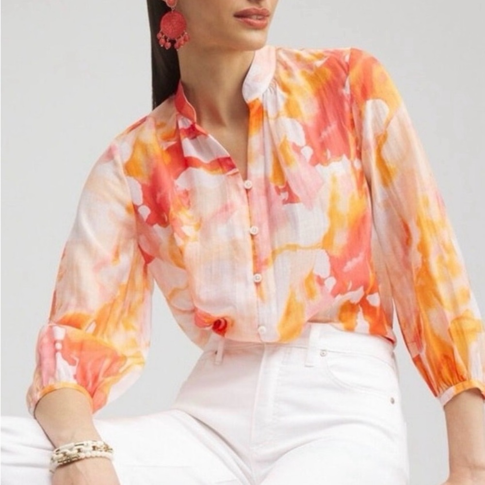 Chicos Pintuck Collar Shirt Watercolor Blend Alabaster Orange Pink Blouse 2 L 12 - Picture 3 of 9